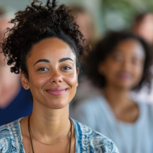 Closeup Portrait of a wellness coach at a health seminar, promoting mindfulness, .