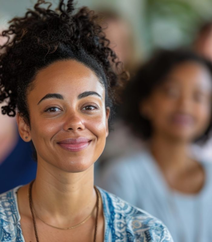 Closeup Portrait of a wellness coach at a health seminar, promoting mindfulness, .
