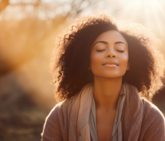 Mixed race woman relax and breathing fresh air outdoor at sunset. Generative AI Mixed race woman relax and breathing fresh air outdoor at sunset. Generative AI
