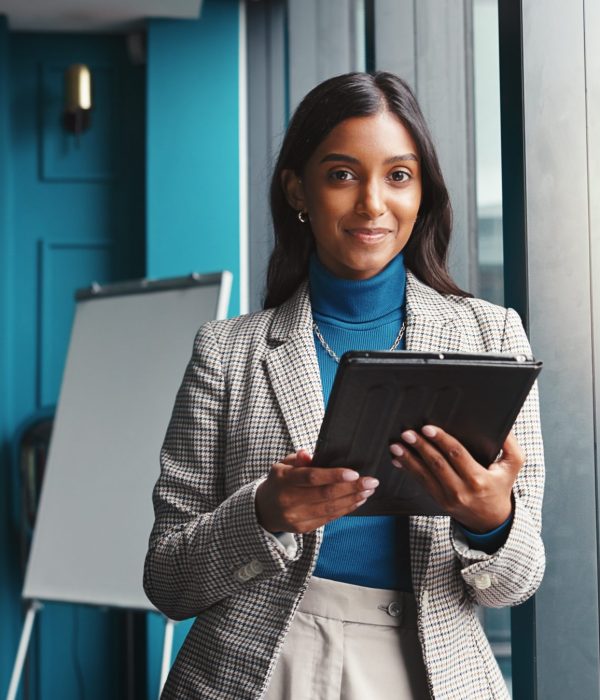 Portrait, confident and woman with tablet, window and online for financial report in office and smile. Corporate, accountant and person with tech for tax filing, app and info for profit of business Portrait, confident and woman with tablet, window and online for financial report in office and smile. Corporate, accountant and person with tech for tax filing, app and info for profit of business.